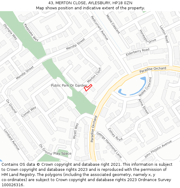 43, MERTON CLOSE, AYLESBURY, HP18 0ZN: Location map and indicative extent of plot