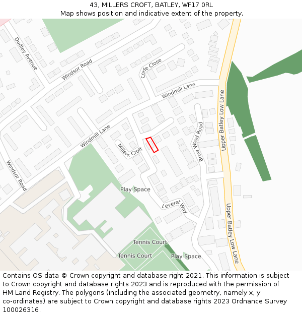 43, MILLERS CROFT, BATLEY, WF17 0RL: Location map and indicative extent of plot