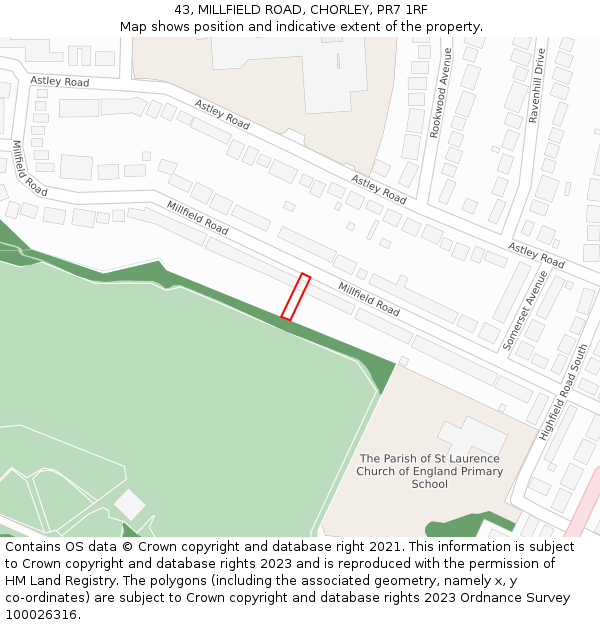 43, MILLFIELD ROAD, CHORLEY, PR7 1RF: Location map and indicative extent of plot