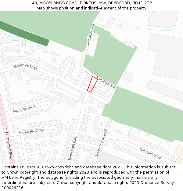 43, MOORLANDS ROAD, BIRKENSHAW, BRADFORD, BD11 2BP: Location map and indicative extent of plot