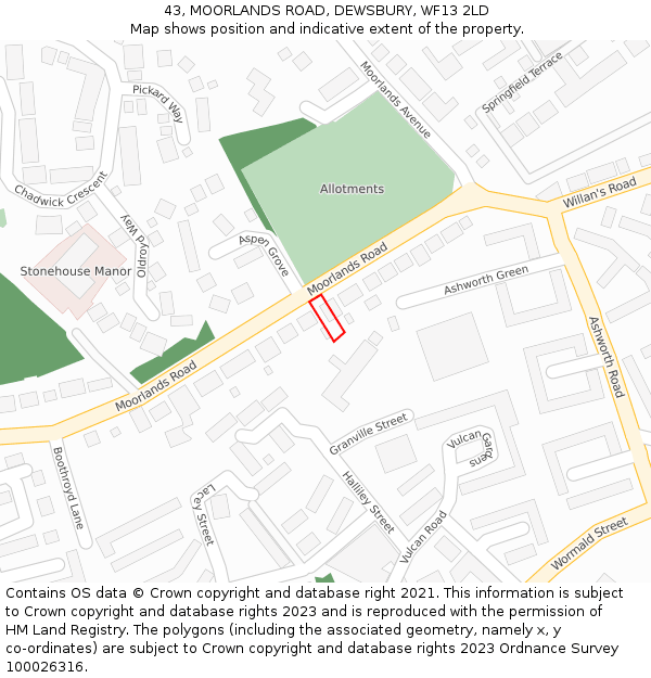 43, MOORLANDS ROAD, DEWSBURY, WF13 2LD: Location map and indicative extent of plot