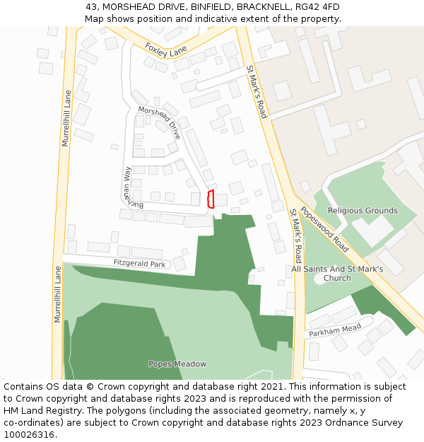 43, MORSHEAD DRIVE, BINFIELD, BRACKNELL, RG42 4FD: Location map and indicative extent of plot