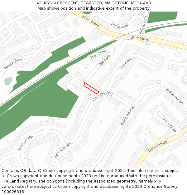 43, MYNN CRESCENT, BEARSTED, MAIDSTONE, ME14 4AR: Location map and indicative extent of plot