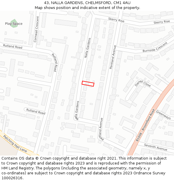 43, NALLA GARDENS, CHELMSFORD, CM1 4AU: Location map and indicative extent of plot