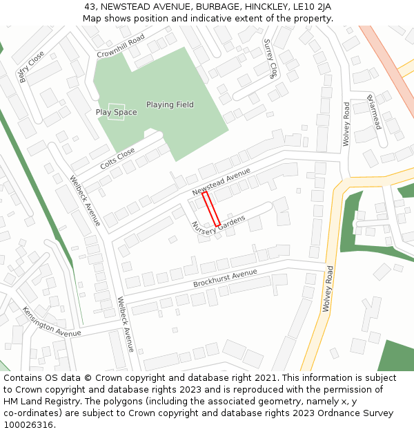 43, NEWSTEAD AVENUE, BURBAGE, HINCKLEY, LE10 2JA: Location map and indicative extent of plot