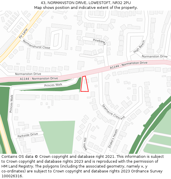 43, NORMANSTON DRIVE, LOWESTOFT, NR32 2PU: Location map and indicative extent of plot