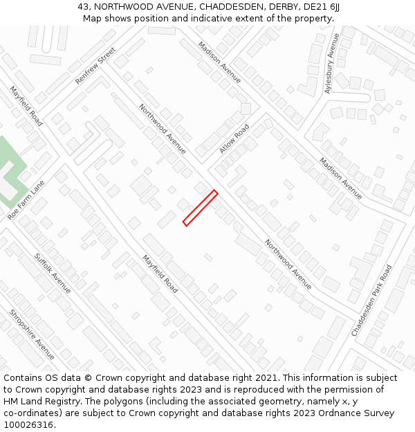 43, NORTHWOOD AVENUE, CHADDESDEN, DERBY, DE21 6JJ: Location map and indicative extent of plot