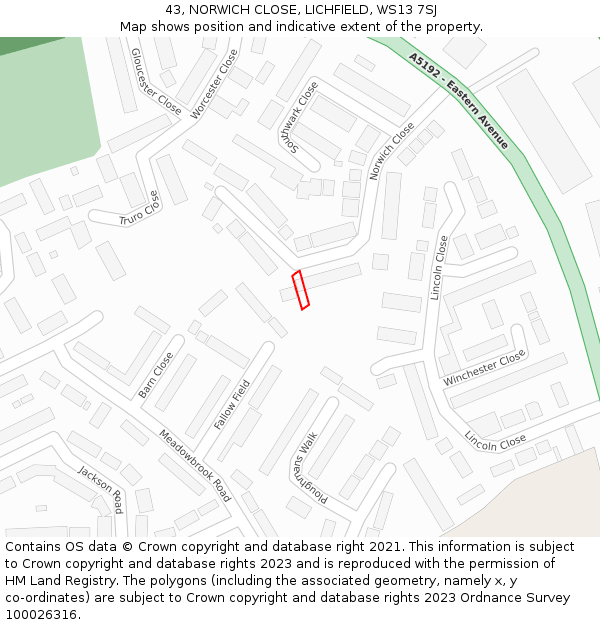 43, NORWICH CLOSE, LICHFIELD, WS13 7SJ: Location map and indicative extent of plot