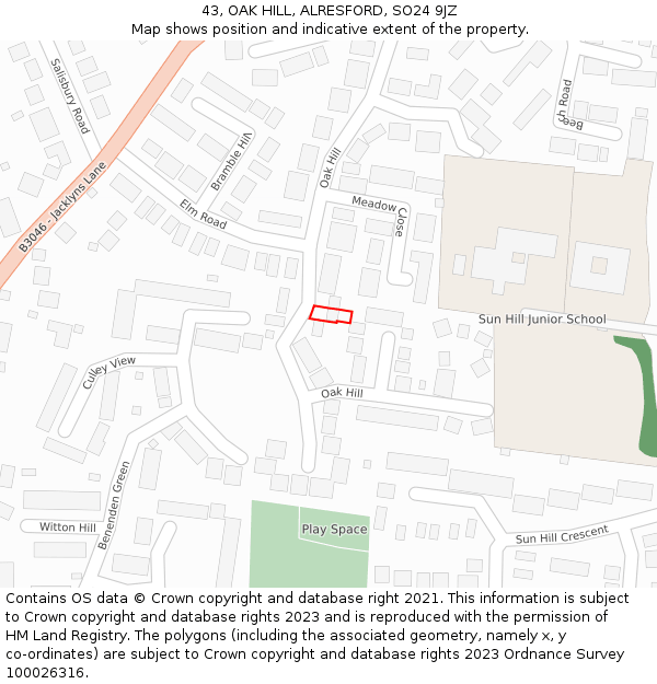 43, OAK HILL, ALRESFORD, SO24 9JZ: Location map and indicative extent of plot