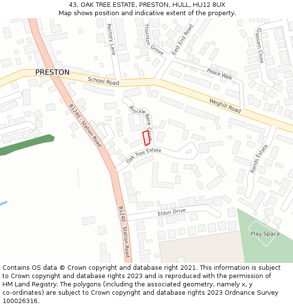 43, OAK TREE ESTATE, PRESTON, HULL, HU12 8UX: Location map and indicative extent of plot