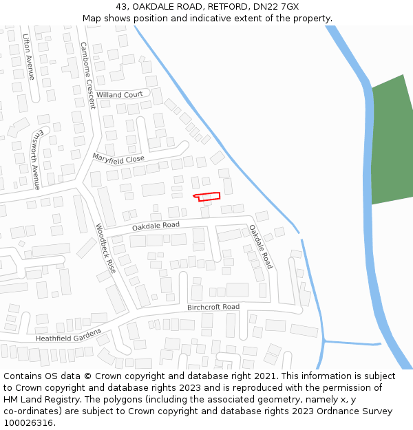 43, OAKDALE ROAD, RETFORD, DN22 7GX: Location map and indicative extent of plot