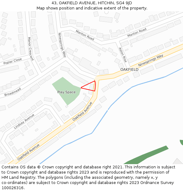 43, OAKFIELD AVENUE, HITCHIN, SG4 9JD: Location map and indicative extent of plot