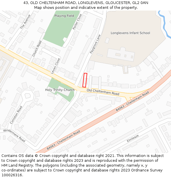 43, OLD CHELTENHAM ROAD, LONGLEVENS, GLOUCESTER, GL2 0AN: Location map and indicative extent of plot
