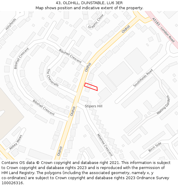 43, OLDHILL, DUNSTABLE, LU6 3ER: Location map and indicative extent of plot