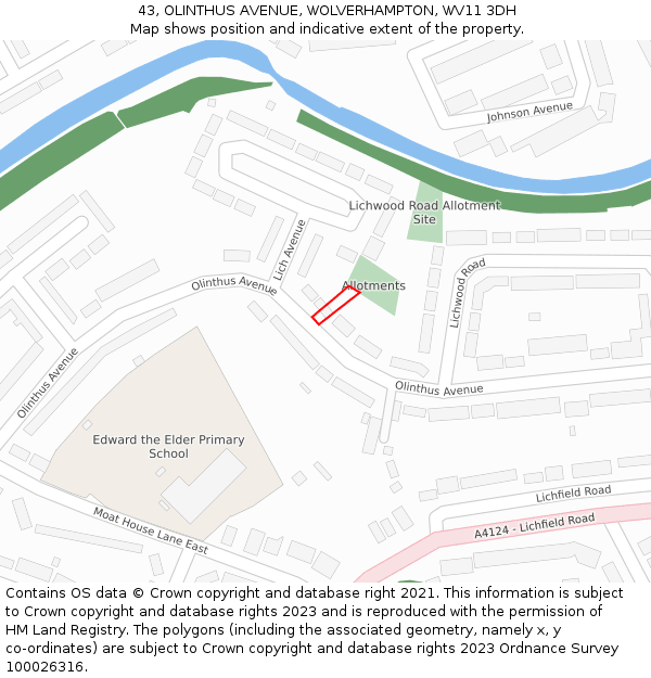 43, OLINTHUS AVENUE, WOLVERHAMPTON, WV11 3DH: Location map and indicative extent of plot