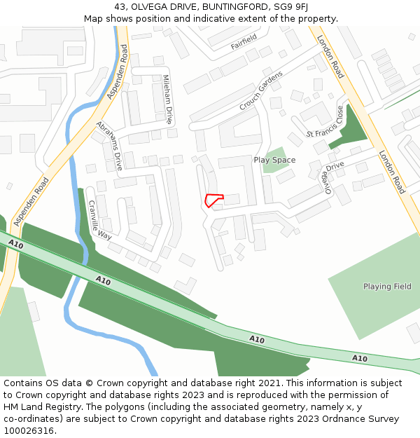 43, OLVEGA DRIVE, BUNTINGFORD, SG9 9FJ: Location map and indicative extent of plot