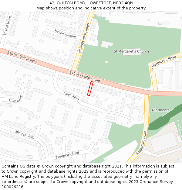 43, OULTON ROAD, LOWESTOFT, NR32 4QN: Location map and indicative extent of plot
