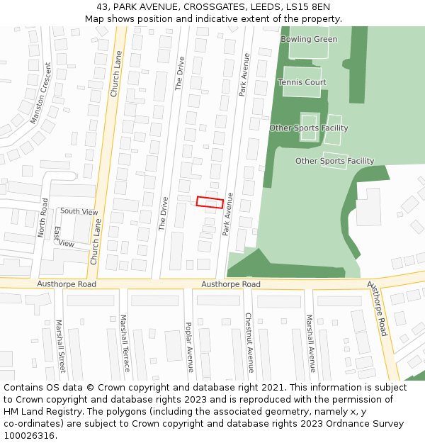 43, PARK AVENUE, CROSSGATES, LEEDS, LS15 8EN: Location map and indicative extent of plot