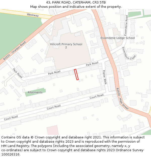 43, PARK ROAD, CATERHAM, CR3 5TB: Location map and indicative extent of plot
