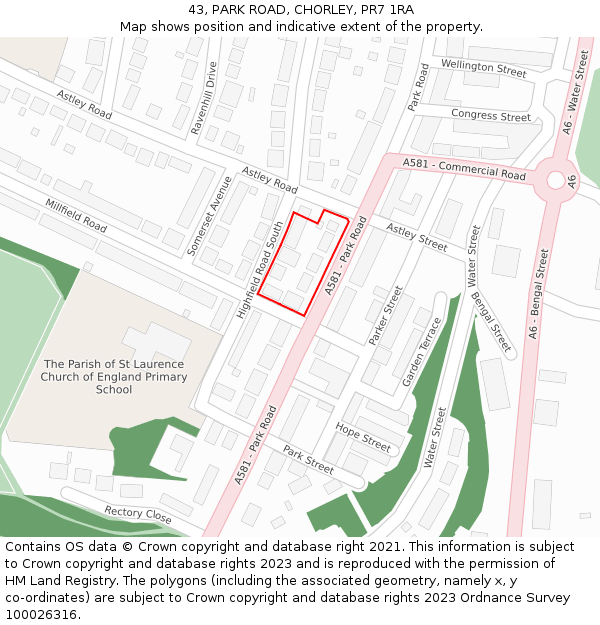 43, PARK ROAD, CHORLEY, PR7 1RA: Location map and indicative extent of plot
