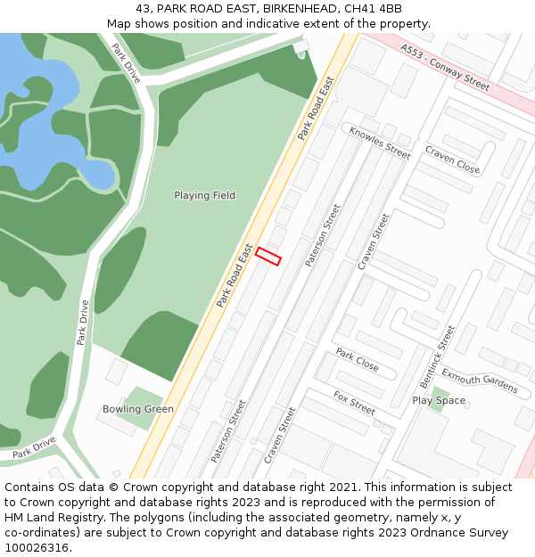 43, PARK ROAD EAST, BIRKENHEAD, CH41 4BB: Location map and indicative extent of plot