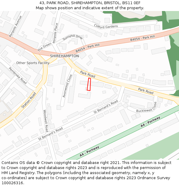 43, PARK ROAD, SHIREHAMPTON, BRISTOL, BS11 0EF: Location map and indicative extent of plot