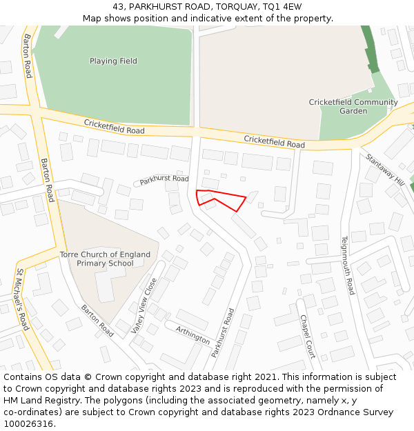 43, PARKHURST ROAD, TORQUAY, TQ1 4EW: Location map and indicative extent of plot