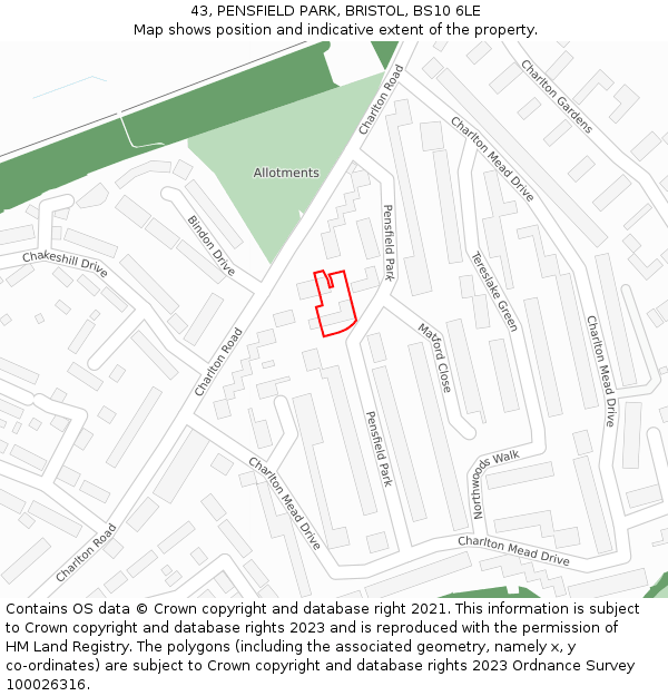 43, PENSFIELD PARK, BRISTOL, BS10 6LE: Location map and indicative extent of plot