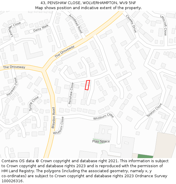 43, PENSHAW CLOSE, WOLVERHAMPTON, WV9 5NF: Location map and indicative extent of plot