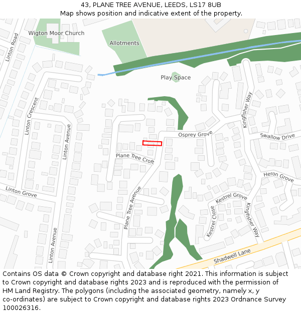 43, PLANE TREE AVENUE, LEEDS, LS17 8UB: Location map and indicative extent of plot