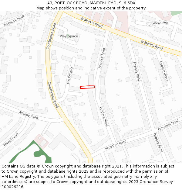 43, PORTLOCK ROAD, MAIDENHEAD, SL6 6DX: Location map and indicative extent of plot