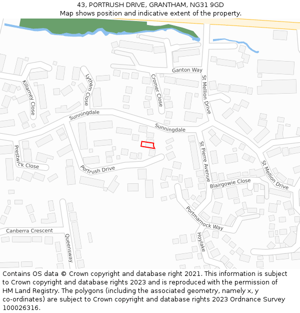 43, PORTRUSH DRIVE, GRANTHAM, NG31 9GD: Location map and indicative extent of plot
