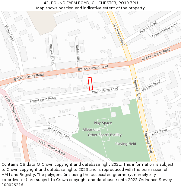 43, POUND FARM ROAD, CHICHESTER, PO19 7PU: Location map and indicative extent of plot
