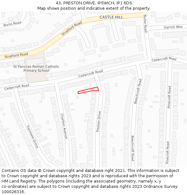 43, PRESTON DRIVE, IPSWICH, IP1 6DS: Location map and indicative extent of plot