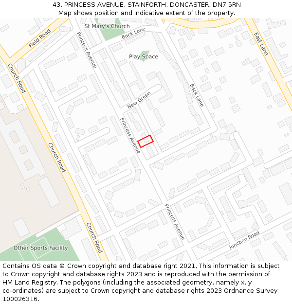 43, PRINCESS AVENUE, STAINFORTH, DONCASTER, DN7 5RN: Location map and indicative extent of plot