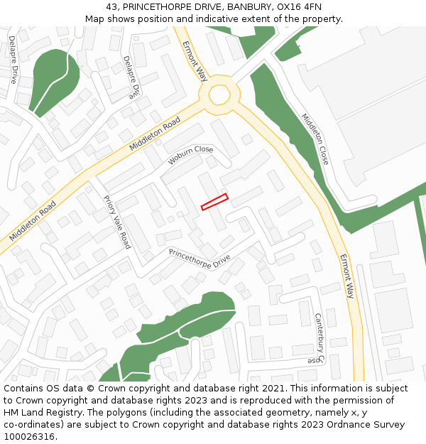 43, PRINCETHORPE DRIVE, BANBURY, OX16 4FN: Location map and indicative extent of plot