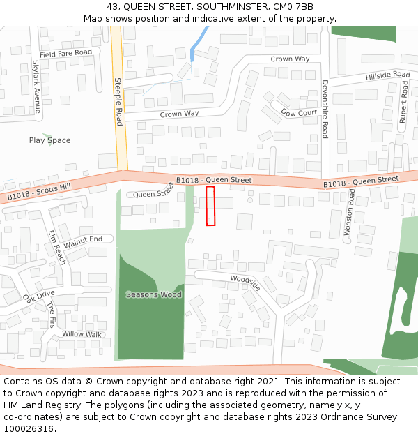 43, QUEEN STREET, SOUTHMINSTER, CM0 7BB: Location map and indicative extent of plot