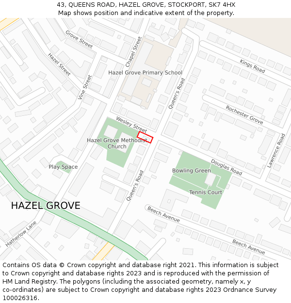 43, QUEENS ROAD, HAZEL GROVE, STOCKPORT, SK7 4HX: Location map and indicative extent of plot