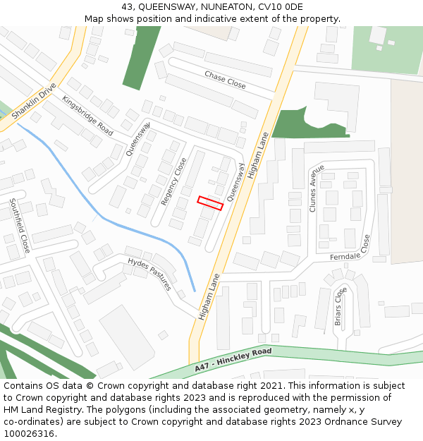 43, QUEENSWAY, NUNEATON, CV10 0DE: Location map and indicative extent of plot
