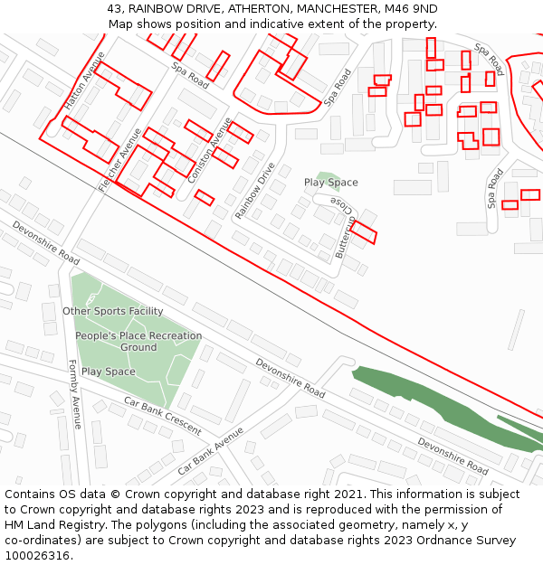 43, RAINBOW DRIVE, ATHERTON, MANCHESTER, M46 9ND: Location map and indicative extent of plot