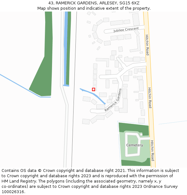 43, RAMERICK GARDENS, ARLESEY, SG15 6XZ: Location map and indicative extent of plot