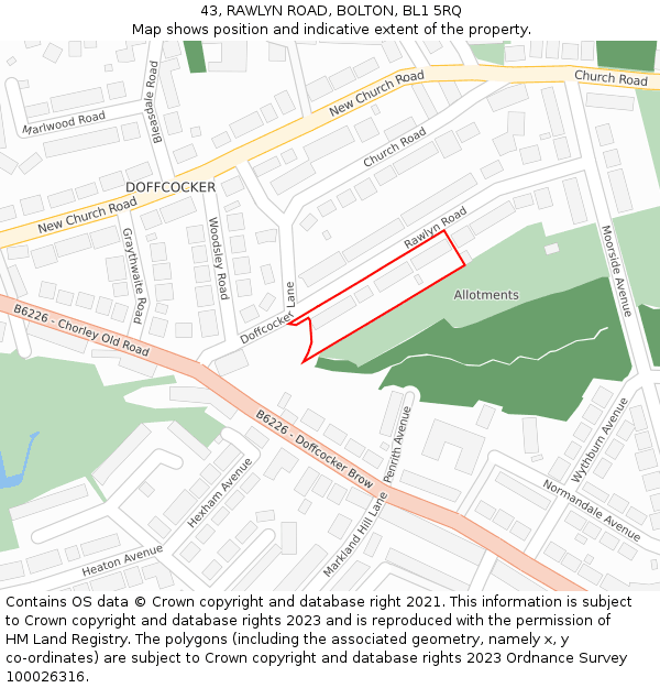 43, RAWLYN ROAD, BOLTON, BL1 5RQ: Location map and indicative extent of plot