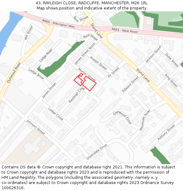 43, RAYLEIGH CLOSE, RADCLIFFE, MANCHESTER, M26 1RL: Location map and indicative extent of plot