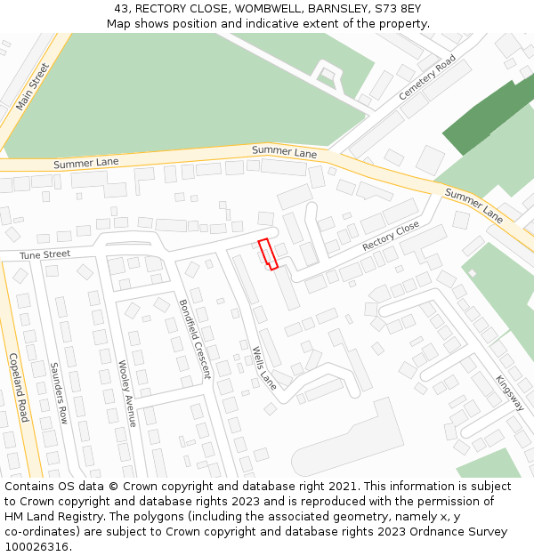 43, RECTORY CLOSE, WOMBWELL, BARNSLEY, S73 8EY: Location map and indicative extent of plot