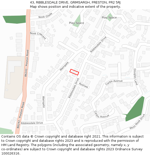 43, RIBBLESDALE DRIVE, GRIMSARGH, PRESTON, PR2 5RJ: Location map and indicative extent of plot