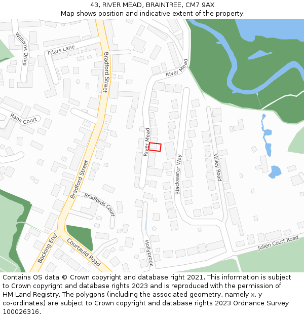 43, RIVER MEAD, BRAINTREE, CM7 9AX: Location map and indicative extent of plot