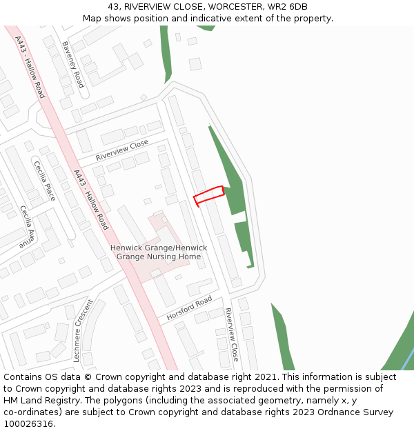 43, RIVERVIEW CLOSE, WORCESTER, WR2 6DB: Location map and indicative extent of plot