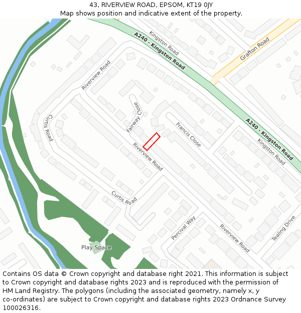 43, RIVERVIEW ROAD, EPSOM, KT19 0JY: Location map and indicative extent of plot