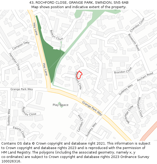 43, ROCHFORD CLOSE, GRANGE PARK, SWINDON, SN5 6AB: Location map and indicative extent of plot