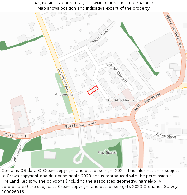43, ROMELEY CRESCENT, CLOWNE, CHESTERFIELD, S43 4LB: Location map and indicative extent of plot
